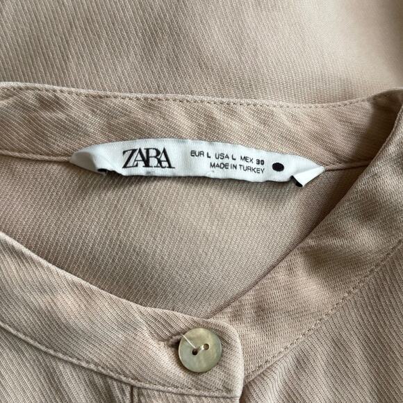 ZARA Tan Lyocell Blend Button-Up Shirt Minimalist Collarless Long Sleeve Blouse - Picture 7 of 10